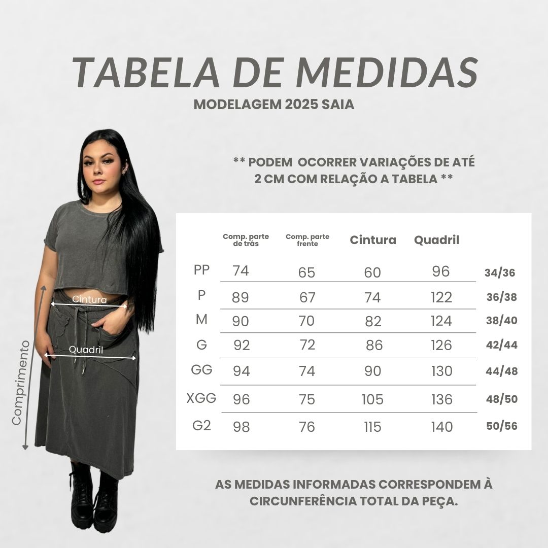 Tabela de medidas - Saia Midi