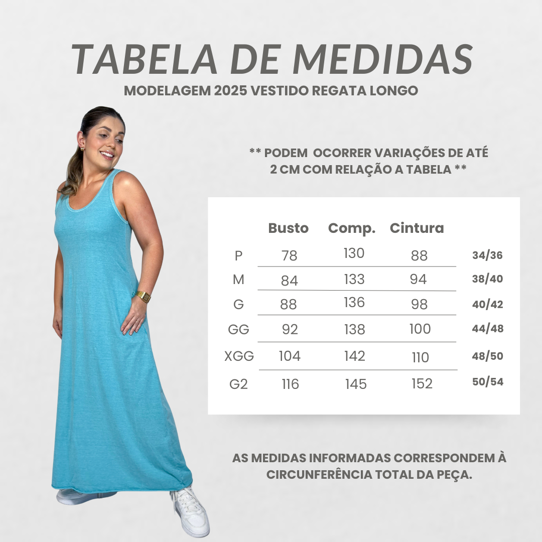 Tabela de medidas - Vestido Regata Longo